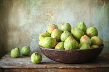 Green Pears in a Rustic Wooden Bowl on a Wooden Table