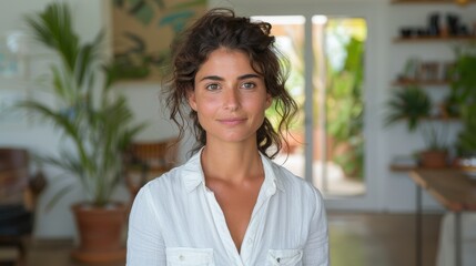 A woman stands confidently in a brightly lit room adorned with a variety of green plants and minimalistic decor, signifying a serene and modern lifestyle
