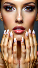 Beautiful elegant young woman with a glamorous nude manicure showcasing well-groomed hands, stylish nail art, and flawless makeup, perfect for beauty salons, fashion magazines, and cosmetic promotions