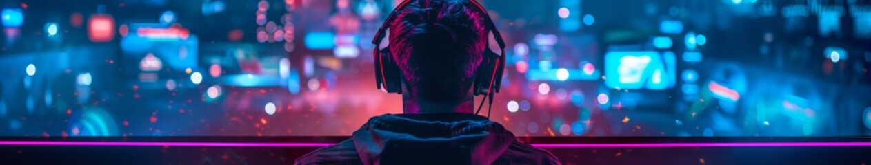 Fototapeta premium Neon-Lit Gaming Arena: The Intense Focus of a Player Engaged in an Online Battle on a Computer, Immersed in the Digital Realm of Competitive Play