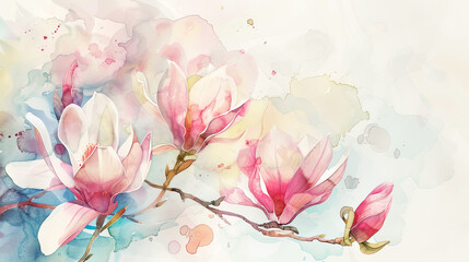 Watercolor magnolias detailing with fine brushes, intricate patterns and vibrant hues, light background