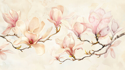 Watercolor magnolias in wet-on-dry style, delicate and detailed, bright pastel shades, light beige background