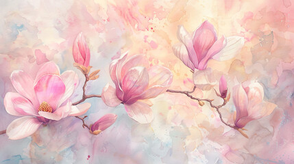 Watercolor magnolias in wet-on-dry style, detailed petals in vibrant spring colors, pastel background