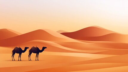 Desert trek, camels and dunes, flat design illustration, high-resolution photo, realistic photo, hyper realistic