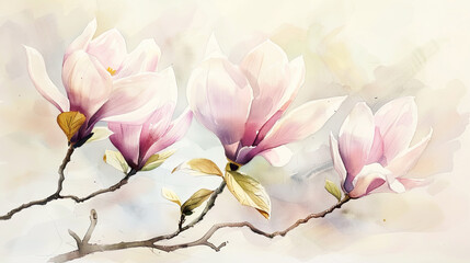 Fototapeta premium Watercolor magnolias using lifting, gentle and soft pastels creating delicate effects, light background