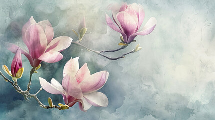 Watercolor magnolias using layering (glazing), rich and deep spring colors, elegant and serene, textured paper background