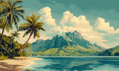 Vintage illustration of French Polynesia tropical islands with palm trees, Generative AI