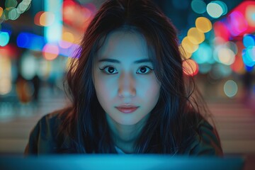 An engaging and vibrant night cityscape with a young woman illuminated by colorful neon lights looking intensely towards the camera, capturing the essence of urban nightlife