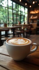 White cup filling with coffee, cozy cafe with a charming, rustic feel
