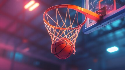 Capture the moment a basketball scores a basket, going through the hoop and making a swish in the net. The background shows a vibrant gym setting.