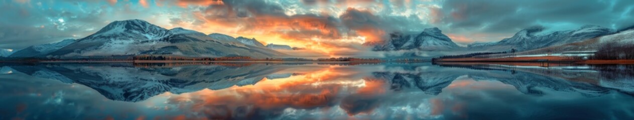 Fototapeta premium Sunset Panorama Over a Lake with Mountain Reflections, Capturing the Serenity of Nature's Finest Hour