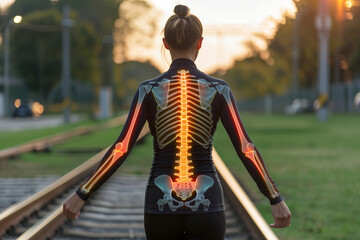Digital Composite Art of Human Anatomy Highlighting Injured Bones Along Railway Tracks at Sunset