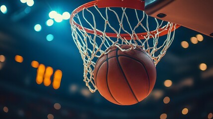 Show a basketball scoring a basket, passing through the hoop and swishing in the net, with the scoreboard in the background.