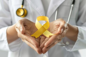 Doctor hands holding yellow ribbon, cancer awareness concept