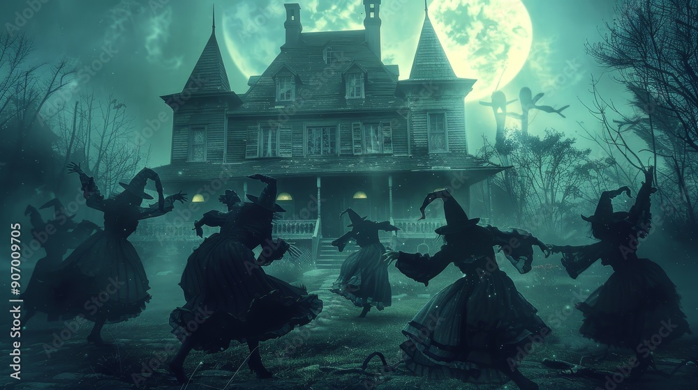 Poster A group of witches are dancing under a full moon in front of an old, spooky house. The scene is eerie and mysterious, suggesting a celebration of magic and the occult.