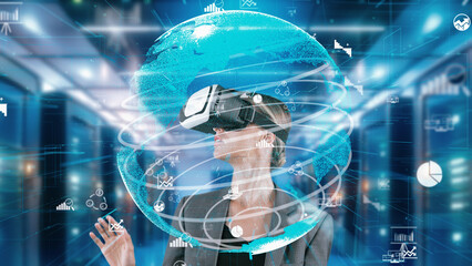 Woman looking around analyzed world finance data through VR glasses uploading turn around global interface digital infographic network technology virtual 3D reality animation at server. Contraption.