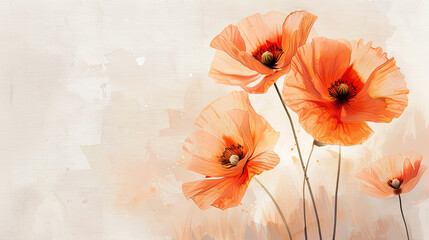 Watercolor Orange poppies with blotting, soft and airy, delicate and gentle, light gray background