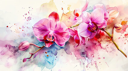 Watercolor orchids detailing with fine brushes, intricate patterns and vibrant hues, light background