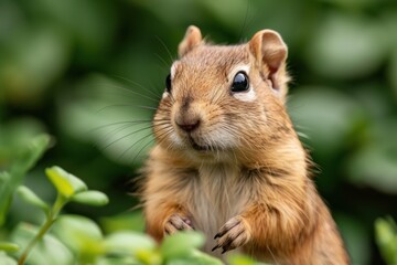 Close-up image of an adorable chipmunk standing upright amidst lush green foliage, showcasing its curious expression and detailed fur texture