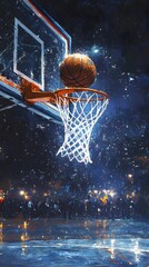 Create a vertical scene of a basketball scoring a basket, with the hoop and net prominently displayed as the ball swishes through.