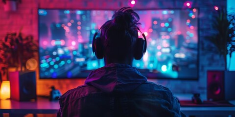 Obraz premium Neon-Lit Gaming Arena: The Intense Focus of a Player Engaged in an Online Battle on a Computer, Immersed in the Digital Realm of Competitive Play