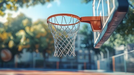 Portray a basketball making a perfect swish through the hoop, with the net fully extended and the court in the background.