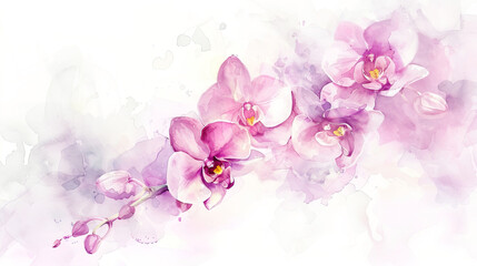 Watercolor orchids with feathering, soft and flowing, elegant and delicate, light and airy, clean white background