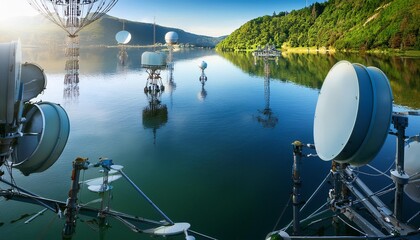 A picturesque lake with floating network antennas and communication devices reflected on the water’s surface, surrounded by greenery.
