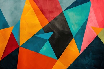 Vibrant abstract composition featuring bold color splashes intersecting geometric forms