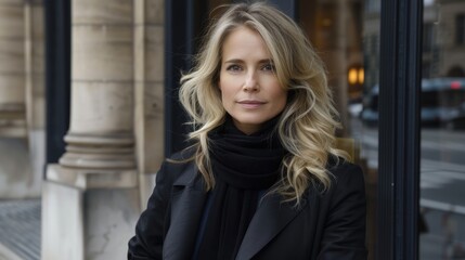 Elegant woman with long blonde hair and black attire standing in front of a building with large columns and glass doors on a city street
