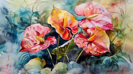 Watercolor Painting tropical anthurium in dry brush style, expressive strokes 