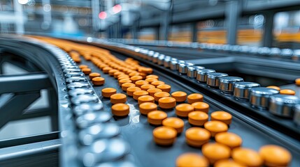 Fototapeta premium A conveyor belt with orange pills on it