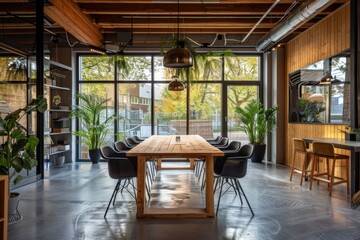 Fototapeta premium Wooden office interior with conference and coworking spaces, window. Copy space, Generative AI