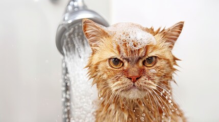 A cat is standing under a shower head and appears to be unhappy