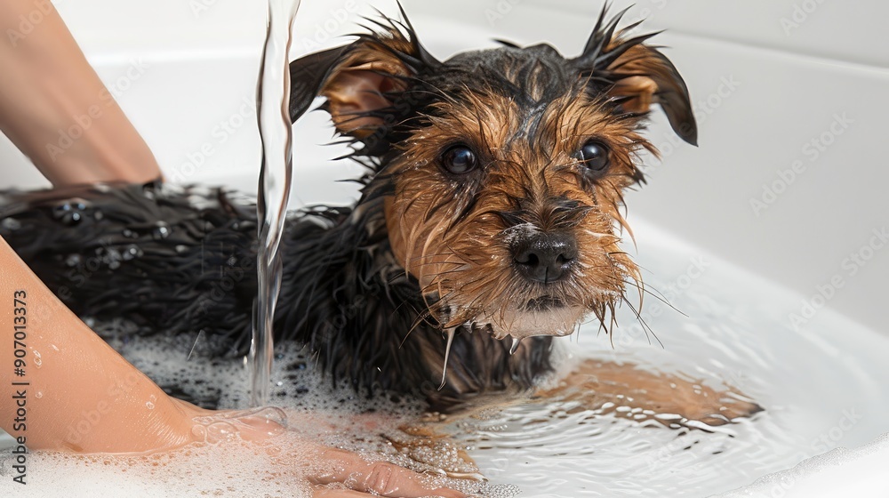 Poster a dog is being washed in a bathtub by a person