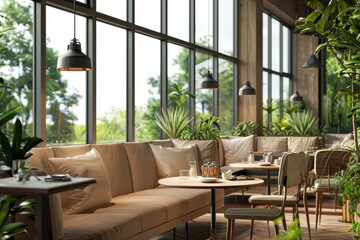 Obraz premium Restaurant interior with sofa and table, panoramic window. Mockup frame, Generative AI