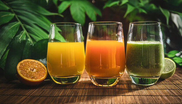 Glasses with fresh organic fruit juices. tropical atmosphere