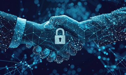 Two hands shaking, one digital and one human, with a padlock symbol on a technological background, representing cybersecurity and digital partnerships.  Generative AI