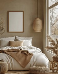 Frame mockup in cozy beige Japandi bedroom interior, 3d render, Generative AI