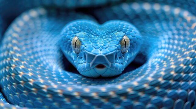 A blue snake with its head up and looking at the camera