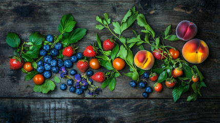 A row of fruits and vegetables on a wooden table