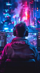 Obraz premium Neon-Lit Gaming Arena: The Intense Focus of a Player Engaged in an Online Battle on a Computer, Immersed in the Digital Realm of Competitive Play