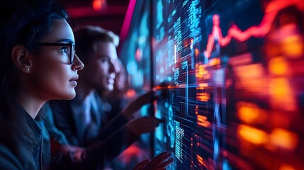 Obraz premium Modern AI interface displaying IT vendor risk levels, team collaborating in the background