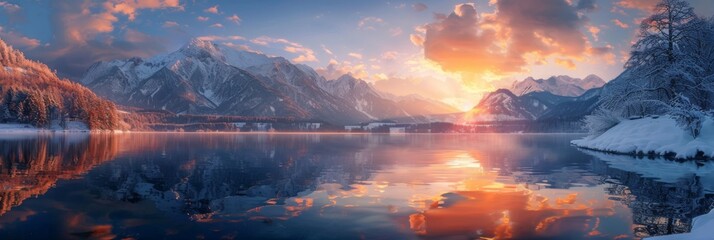 Sunset Panorama Over a Lake with Mountain Reflections, Capturing the Serenity of Nature's Finest Hour