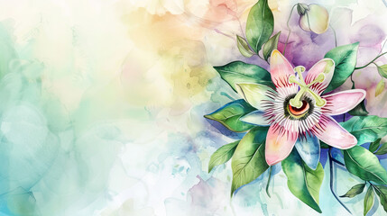 Watercolor Painting tropical passion flower with gradient washes, seamless and soft transitions, soft background