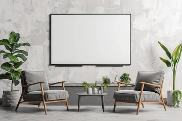 Home living room interior with sofa and armchairs, shelf and panoramic window, Generative AI