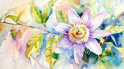 Watercolor Painting tropical passion flower with soft blending, gentle and subtle, light and airy