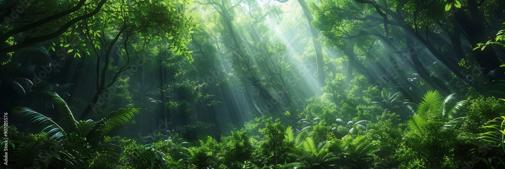 Poster A serene rainforest scene with sunbeams piercing through the dense canopy, symbolizing hope, nature's beauty, mystery, tranquility, and growth.