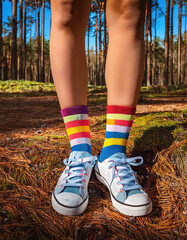 Legs of a young man in colorful socks and sneakers standing in the forest.