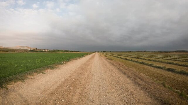 Camino del Ebro - a dirt road through agricultural fields leaving Quinto, province of Zaragoza, Aragon, Spain